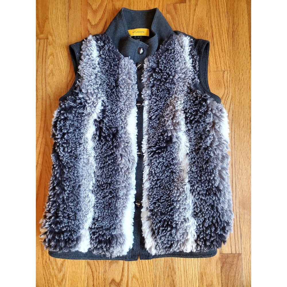 Faux Front Fur Vest St John Size P Gray Button Down - Picture 1 of 7